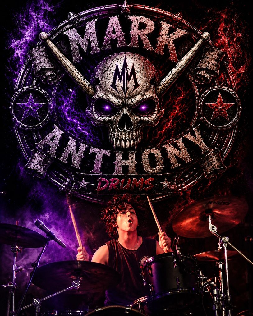 Drummer playing passionately with skull and drumsticks graphic.