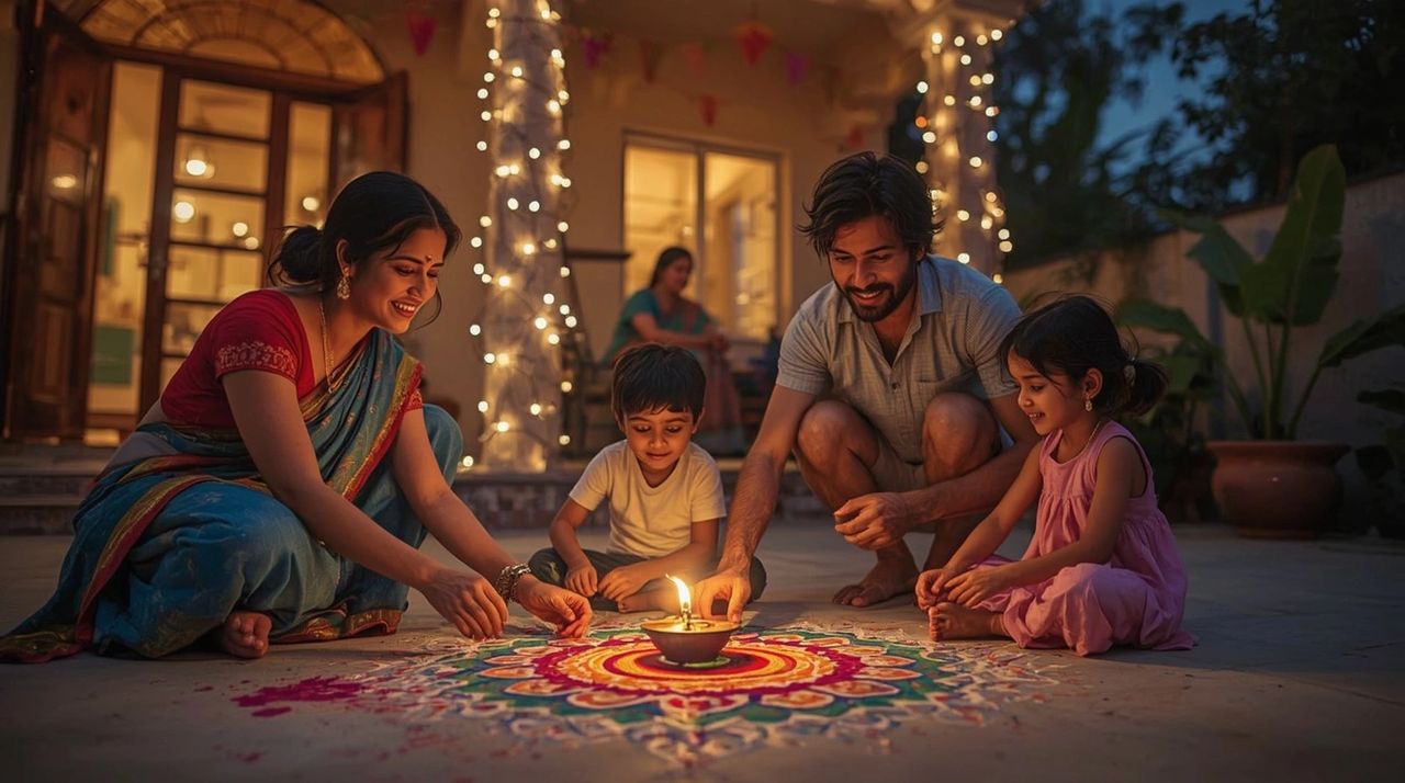 On Diwali night, homes are lit with diyas and decorated rangolis as families perform Laxmi Puja for wealth and blessings.