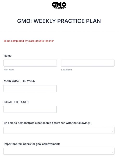 Weekly practice plan form for goal setting and strategies.