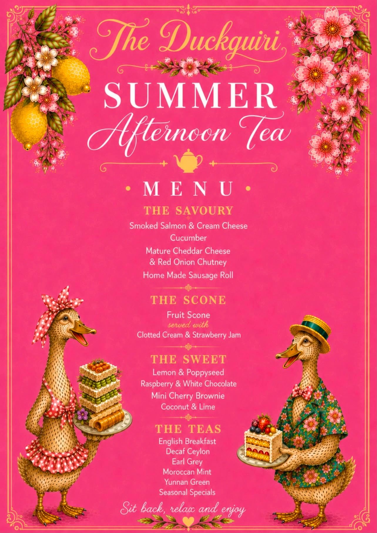 Summer Afternoon Tea menu with duck illustrations and floral decorations.