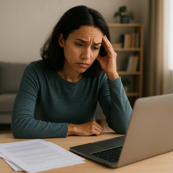 Stressed job seeker staring at computer, frustrated by the federal resume writing process