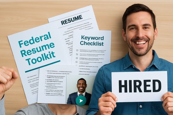 Excited job seeker celebrating after landing a federal government position using the MyFederalResume toolkit