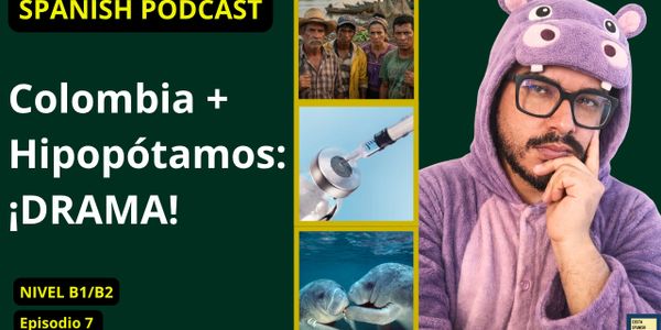 Podcast about Colombia and hippos drama, featuring a man in a hippo costume.