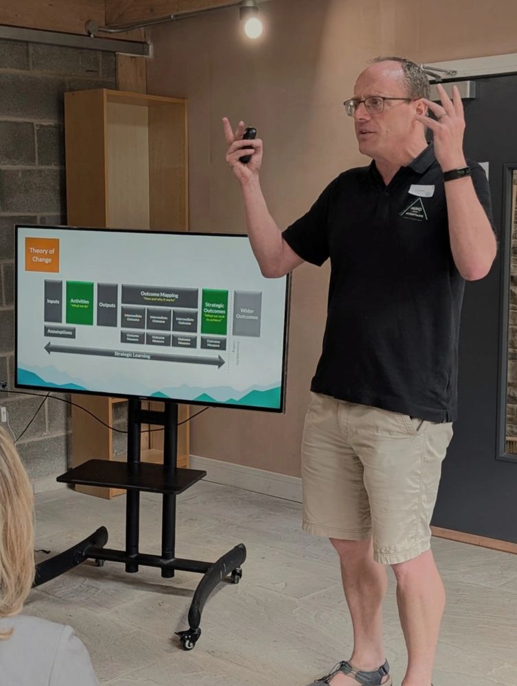 Man giving presentation on theory of change to seated audience.