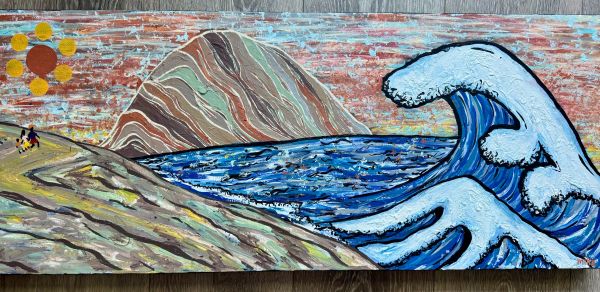 Painting of a large wave crashing near a rocky shore with a mountain and sun in the background.
