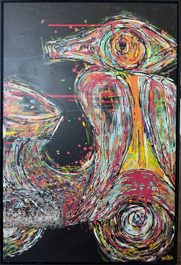 Abstract colorful painting of a scooter on a black background.