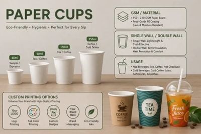 Various sizes of eco-friendly paper cups for hot and cold drinks with custom printing options.