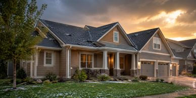 Colorado home with hail on the roof and lawn after a storm, showing visible roof and exterior storm 