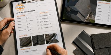 Orange Sky Roofing roof inspection report with roof photos, checklist, and roofing material samples.