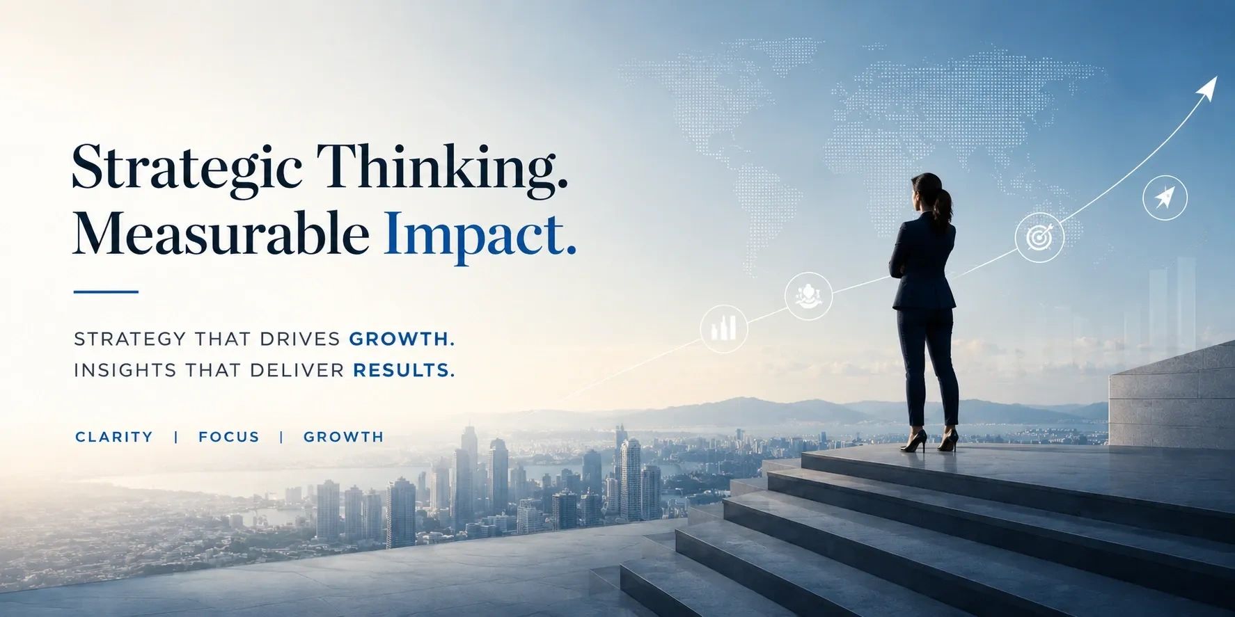 Businesswoman strategizes for growth with a cityscape and upward arrow symbolizing success.