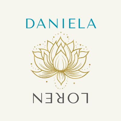Logo with teal and gray text and a gold lotus design.
