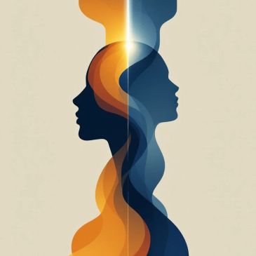 Abstract dual-profile art illustrating contrast and unity with warm and cool tones.