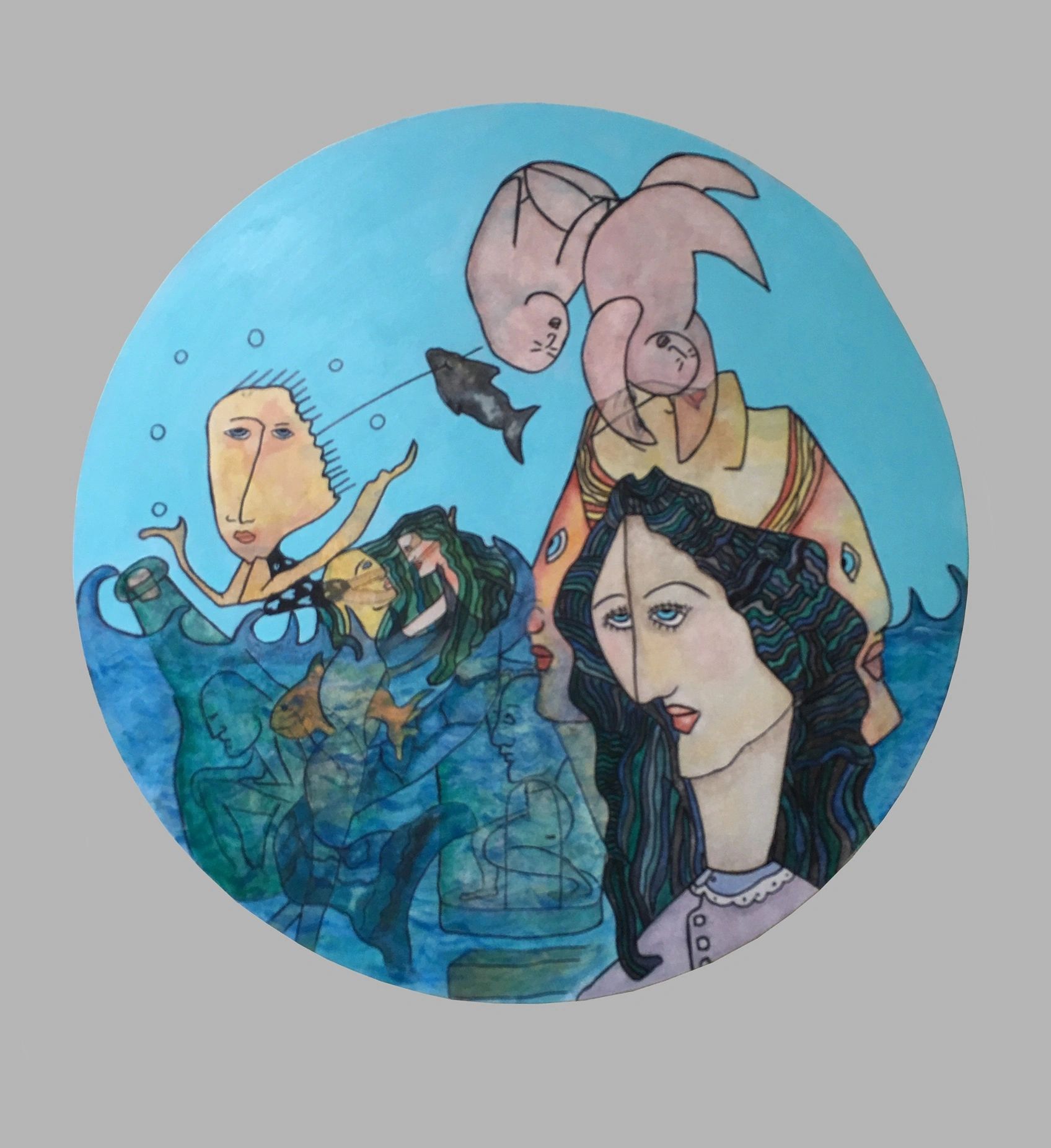  30” diameter
watercolor transfer on Reynobond panel
 acrylic paint and pen 