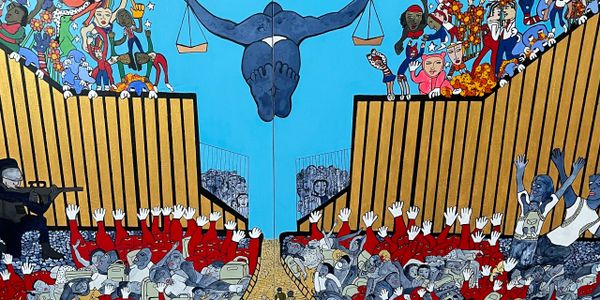 A colorful mural depicting social inequality and justice scales.