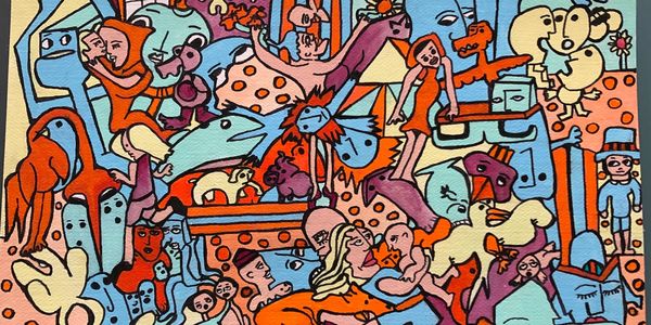 Colorful abstract painting with numerous whimsical human and animal figures intertwined.
