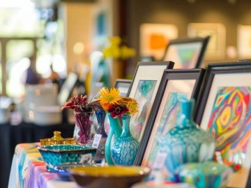 Table with colorful ceramic vases and framed artwork at an art display.