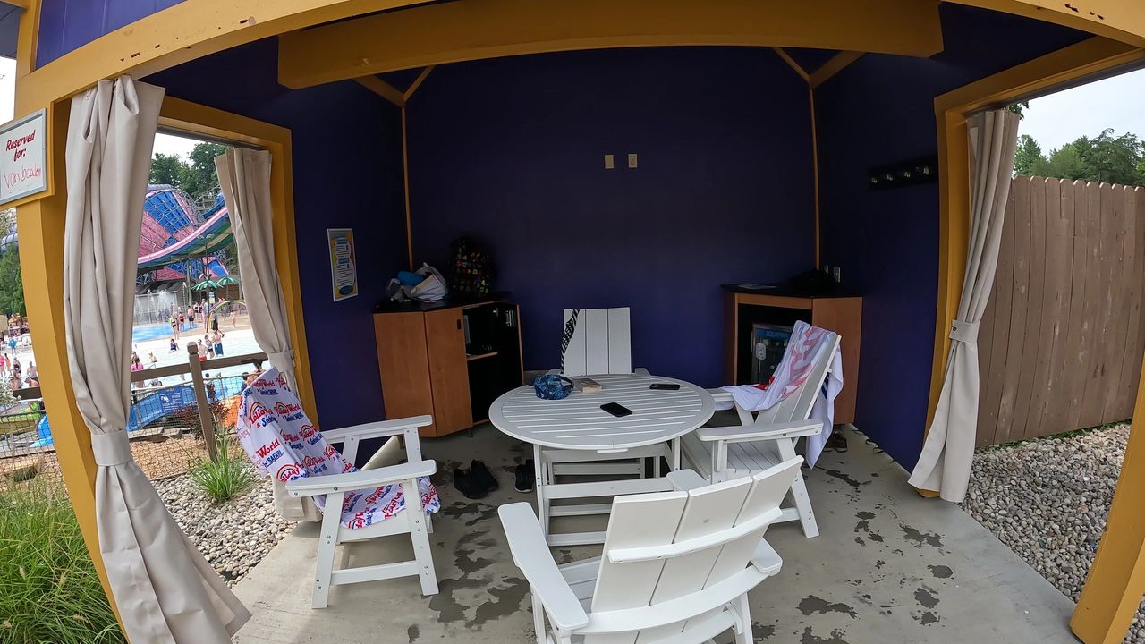 One of the basic cabanas available within Splashin Safari. Most packages include a reserved area for you and guests, a secure locker, access to electricity, a refrigerator with bottles of water.