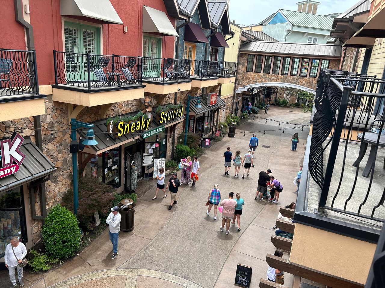 View from our room at the Margaritaville Resort, showing the shops at The Island in Pigeon Forge, Tennessee.