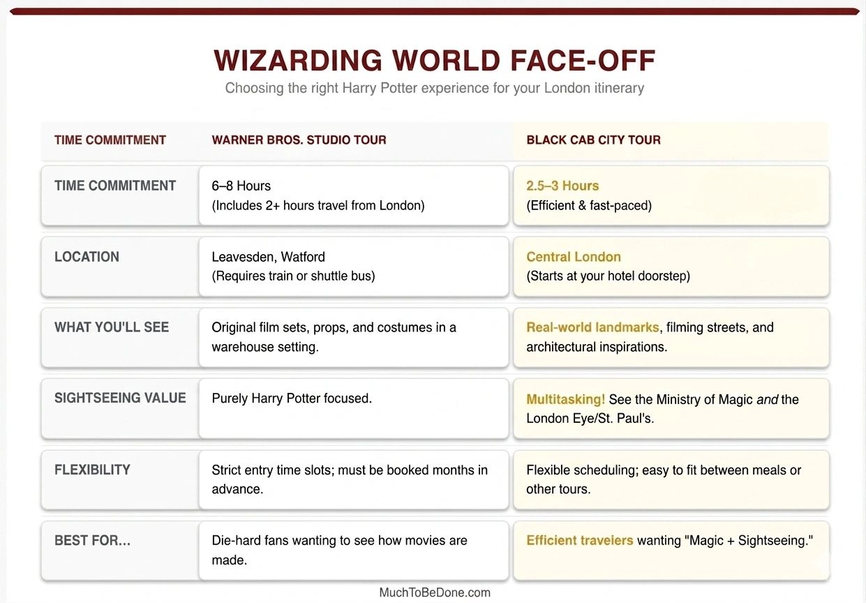 Choosing between the Harry Potter Studio Tour and a London Black Cab tour? This comparison chart breaks down time commitments, costs, and locations to help you pick the best experience for your London itinerary.