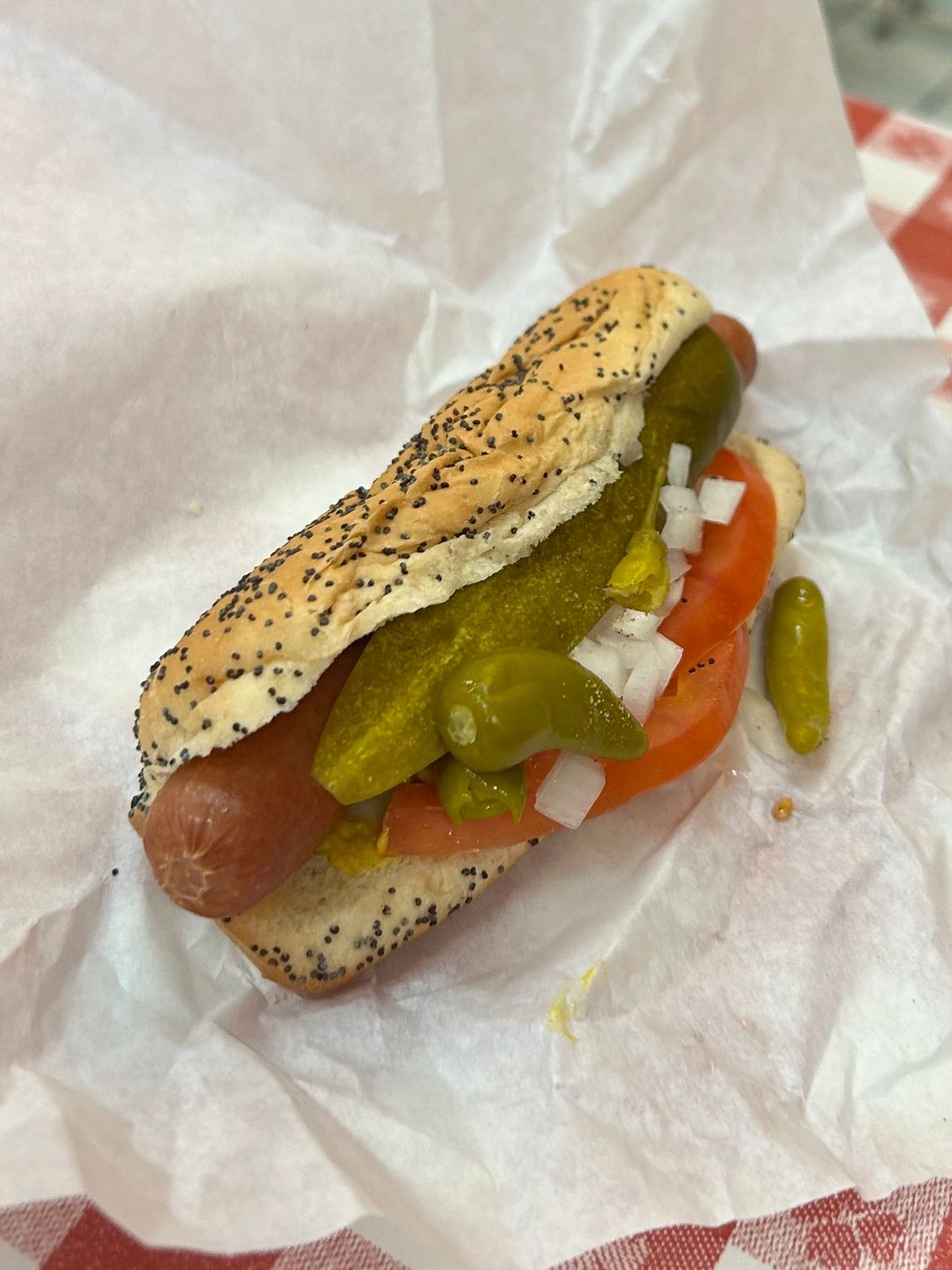 No ketchup to be found, promise! A proper Chicago dog from Luke's loaded with all the toppings.