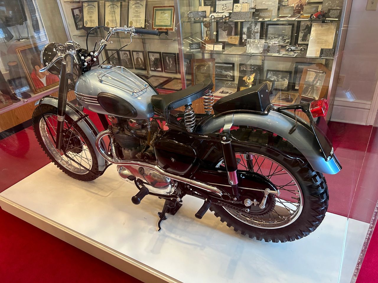 James Dean loved speed, with fast cars and fast motorcycles. ABOVE: On display at the museum is his 1947 Czech 125cc motorcycle. BELOW: One of the museum’s prized pieces, Dean’s 1955 Triumph TR5 Trophy 500cc motorcycle.