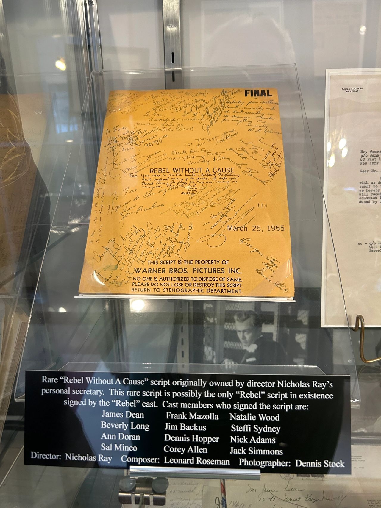 Signed script from the movie Rebel Without A Cause, on display at the James Dean Museum