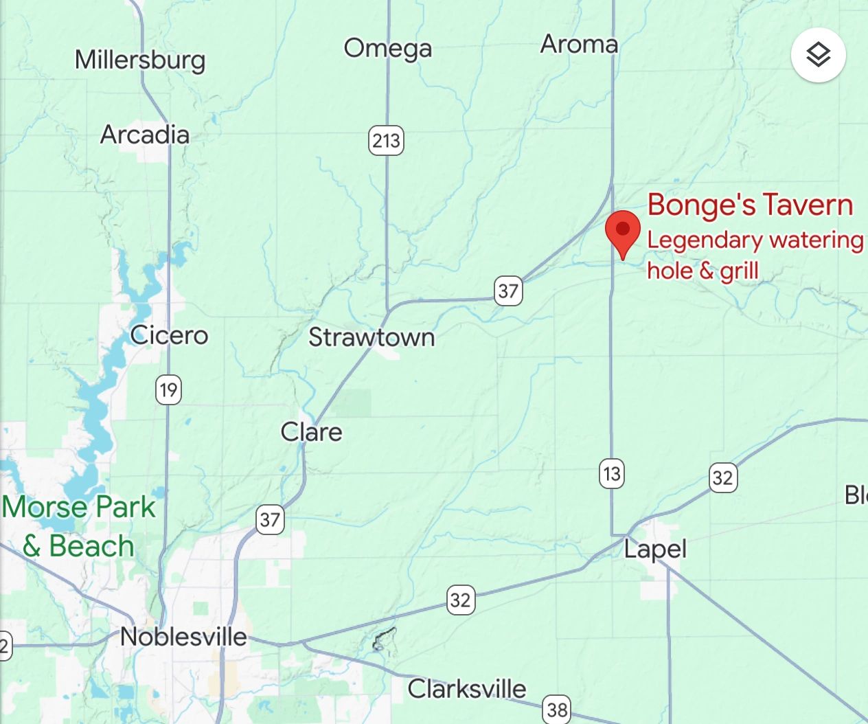 Map to illustrate how in the middle of nowhere Bonge’s is. Noblesville is a northern suburb of Indianapolis, and Bonge’s is about 30 minutes north of that, but worth the drive.