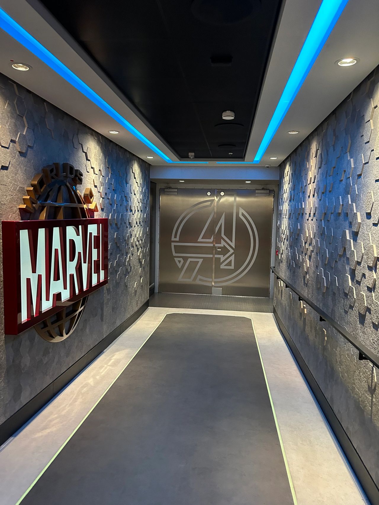The entrance to your dining experience at World of Marvel sets the mood for the adventure ahead on board the Disney Wish.