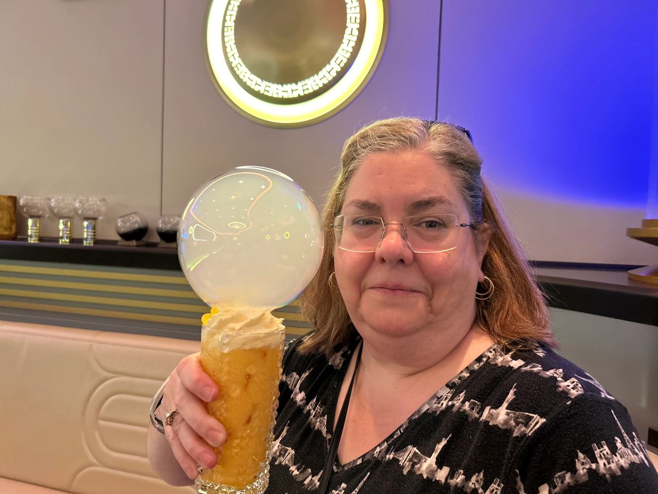 Specialty drinks with a Star Wars theme await you on the Disney Wish. The Hyperspace Lounge is good for Star Wars fans of all ages.