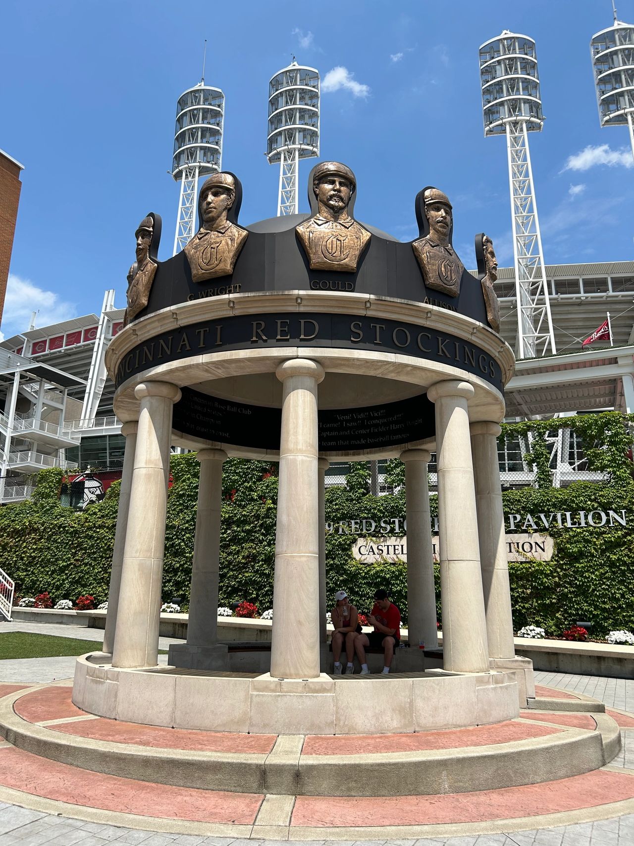 The Red Stockings Pavilion is located just outside of the Great American Ballpark in Cincinnati. The monument pays tribute to the first professional baseball team, the Red Stockings which organized back in 1869.