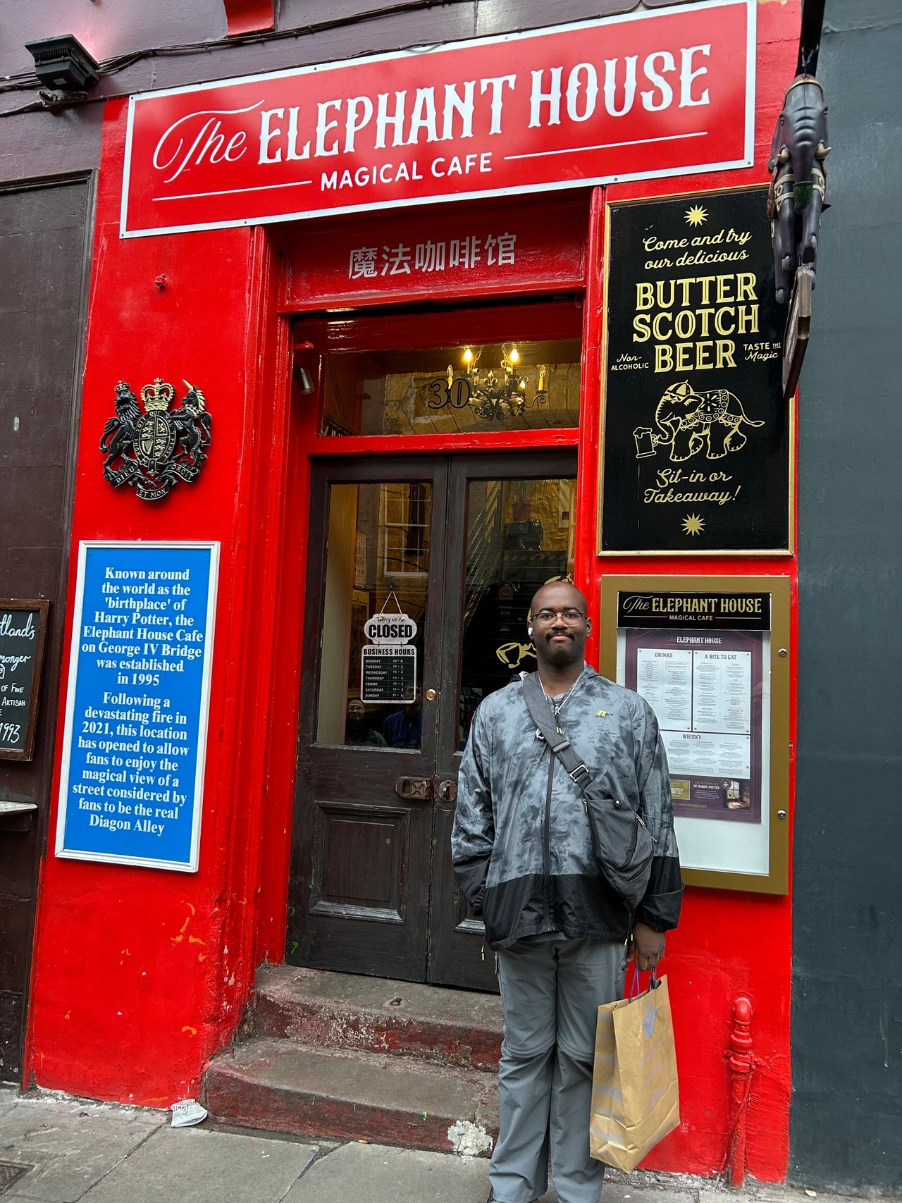 The birthplace of Harry Potter is The Elephant House, a cafe located in Edinburgh. Rowling would set up in the back room and write at the original location. That original location was gutted by a fire, so they've opened up this special location on Victoria Street for fans to visit. 