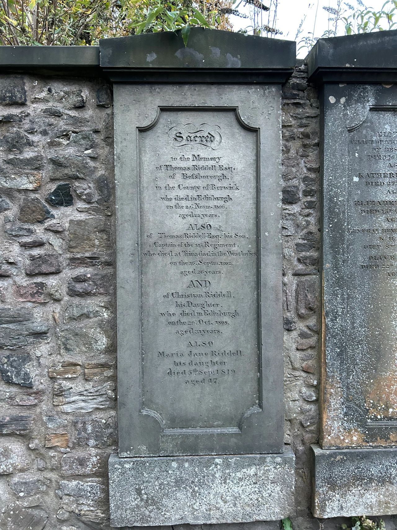 Thomas Riddell was an attorney in Edinburgh, who died in 1806. But his name was used as the character of J. K. Rowling's Harry Potter villain Lord Voldemort, he who must not be named.  