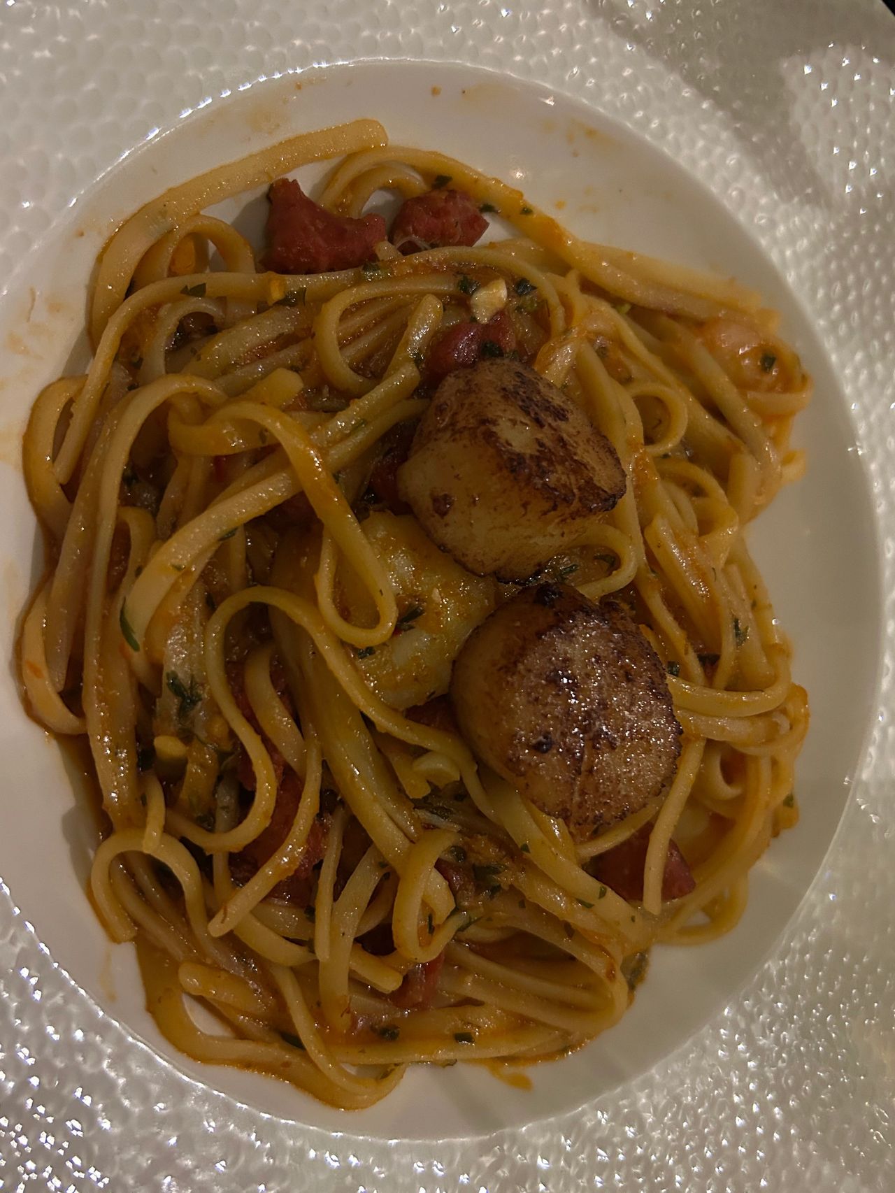 The menu at The Sheep Heid Inn in Edinburgh offers a wide variety of options. From burgers and steaks, to some unique seafood options like this king prawn, crab and ortiz chorizo over linguine with scallops, made with white wine, tomato with a garlic and chili sauce dish.