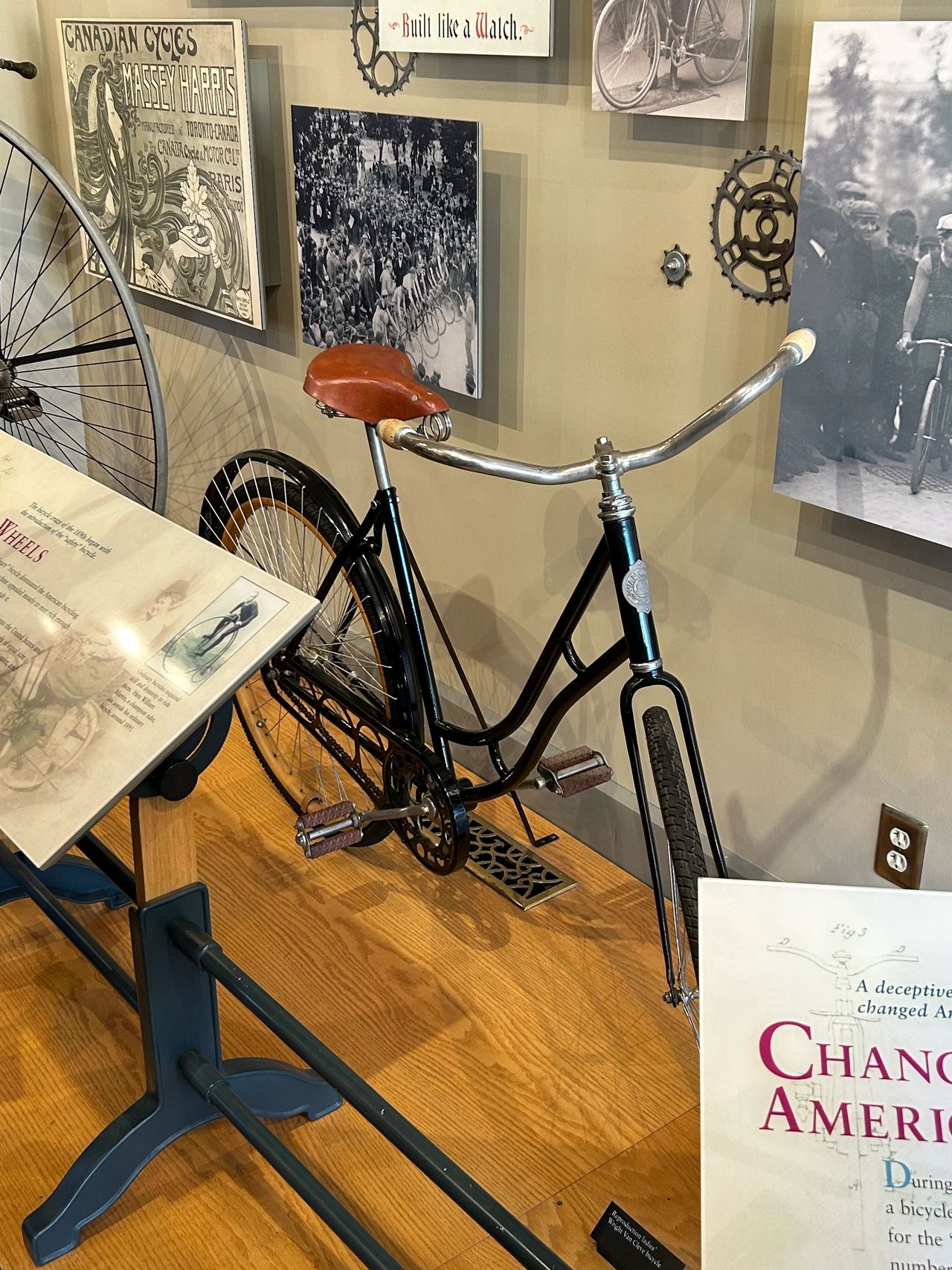 On display at the cycle shop run by the Wright Brothers is some of their equipment, as well as some of their original creation like this bicycle. 