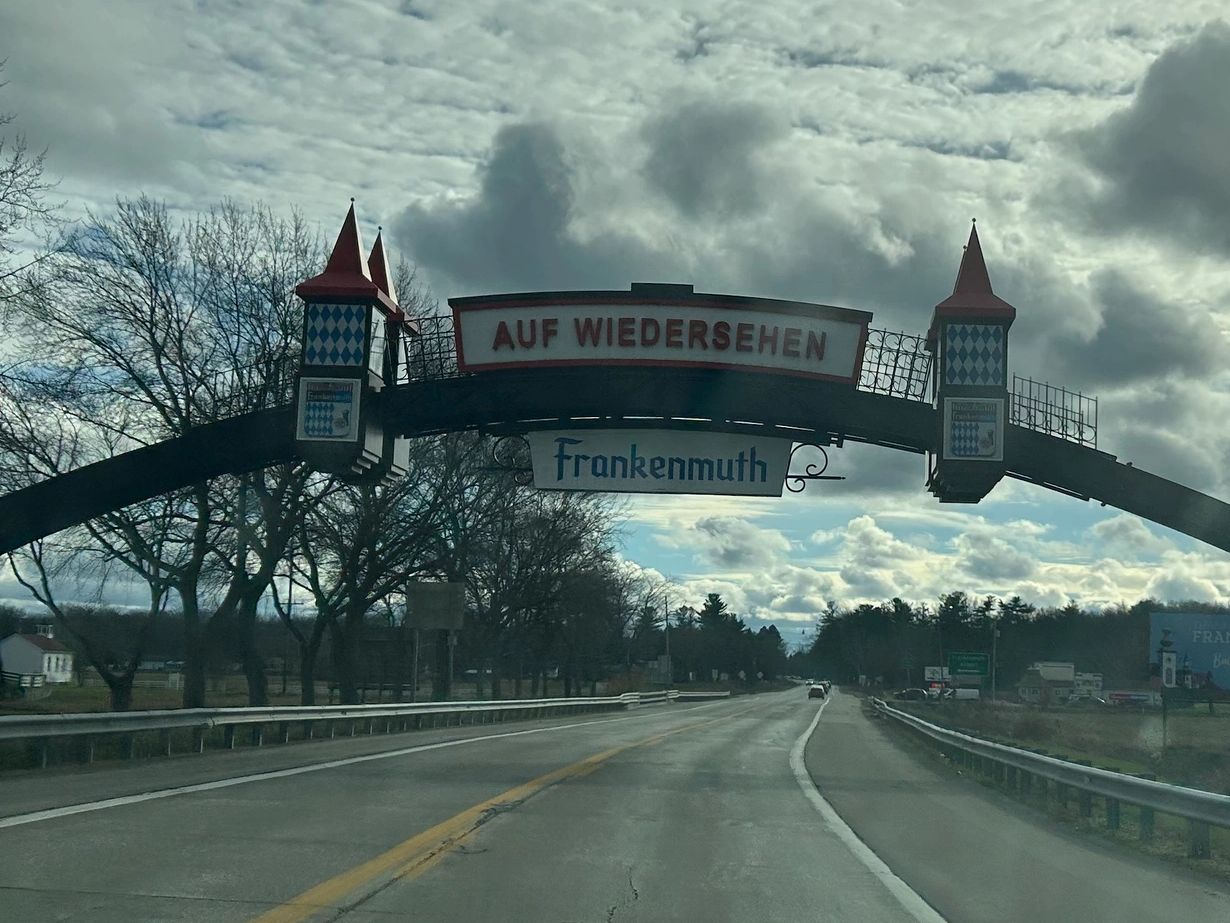 Welcome sign to Frankenmuth in German greets visitors to this village North of Detroit, Michigan.