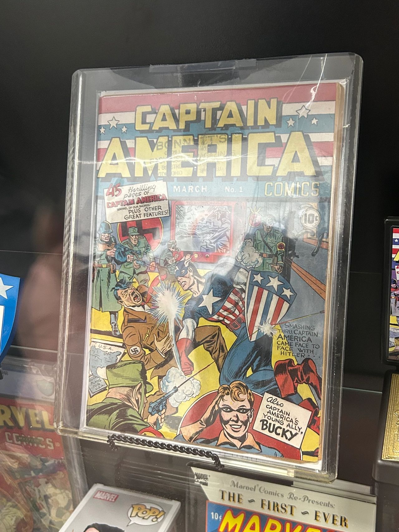 This is a rare original of the very first Captain America comic book. On display at the museum, the value of this single book is at least $1M.