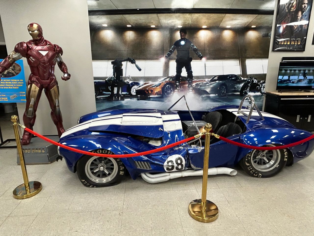 This damaged '65 Shelby Cobra might look familiar to Iron Man fans. This is the movie prop used in the original Iron Man movie, when Robert Downey Jr. was testing his suit and fell on the car. 