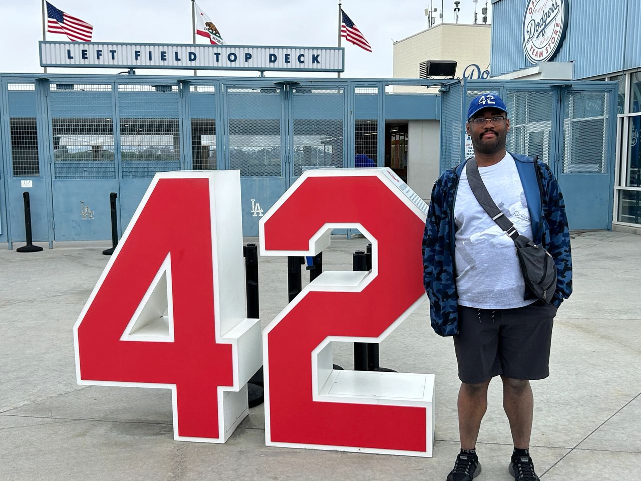Next to the gift shop are monuments of retired numbers for former Dodger greats including 42 for Jackie Robinson. Robinson's number 42 has been retired throughout baseball.