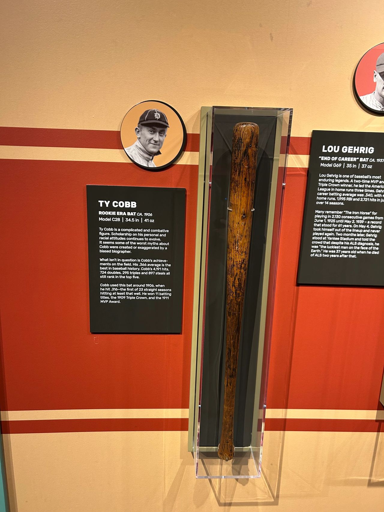 A rare Ty Cobb game-used baseball bat on display in the exhibit area of the Louisville Slugger Museum & Factory.