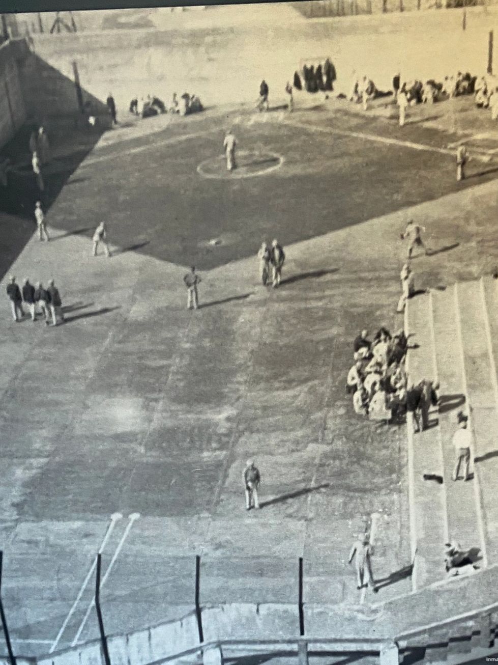 One of the photos on display from the National Parks Service is the courtyard at Alcatraz. You can see the prisoners playing baseball, with the steps causing a hazard in left field. 