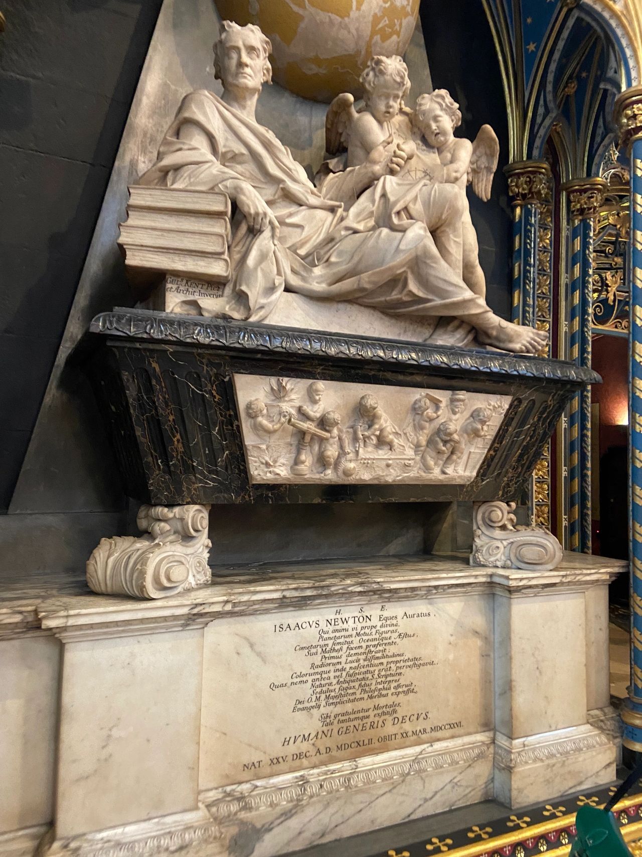 The final resting place of Sir Isaac Newton is at Westminster Abbey with an impressive display.
