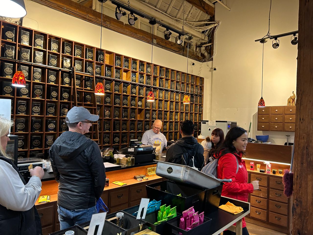 The tea library at Granville Tea Company shows the wide selection of teas to choose from during your visit.