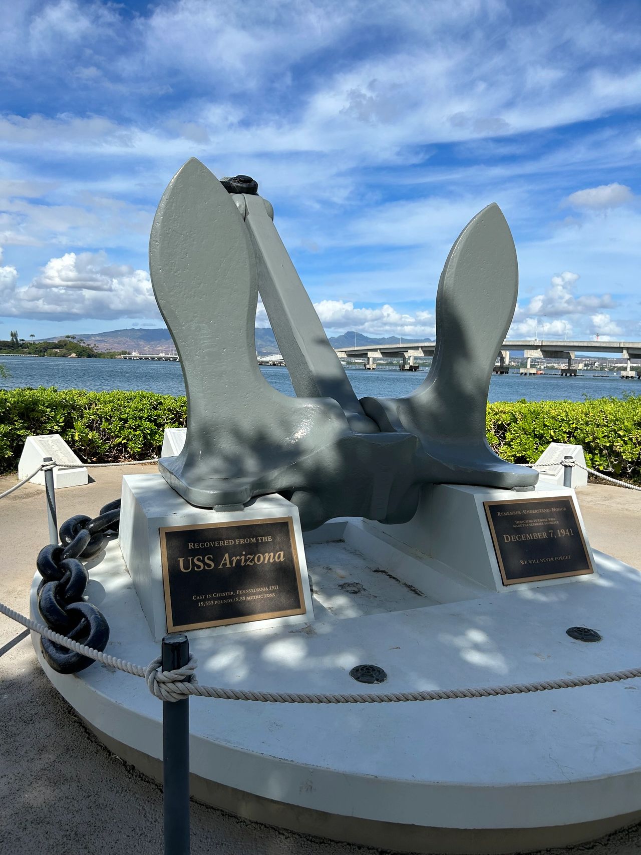 As you stroll around the park, make sure you visit the original anchor for the USS Arizona.
