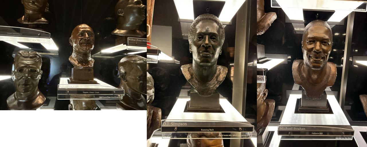 Bronze busts of every enshrined Hall of Famer, including George Hallas, OJ Simpson, and Michael Strahan.