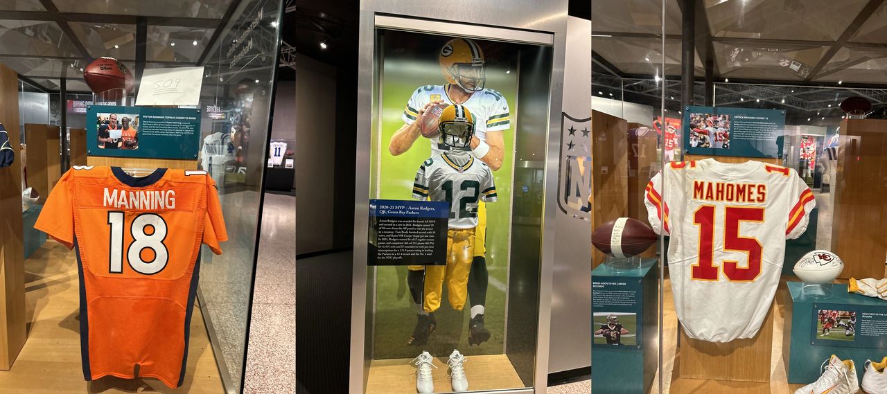 The Hall of Fame has several features on some recent quarterback greats and current ones too. Peyton Manning, Aaron Rodgers, and Patrick Mahomes are a few of the QBs with displays featuring game-worn jerseys.