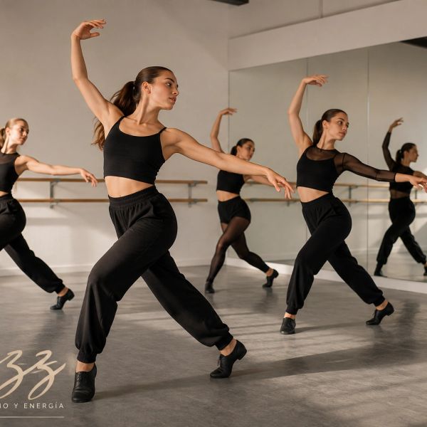 Mujeres bailando en estudio con ropa negra.