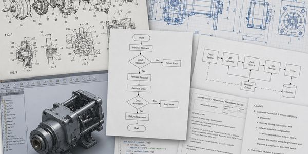 Engineering blueprints and flowcharts with a mechanical part model.