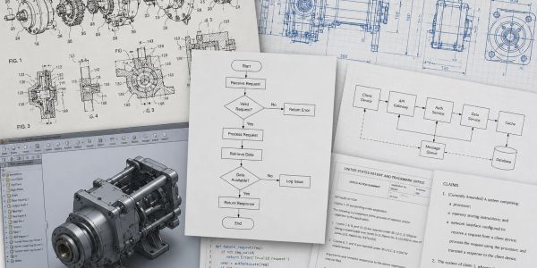 Engineering blueprints and flowcharts with a mechanical part model.