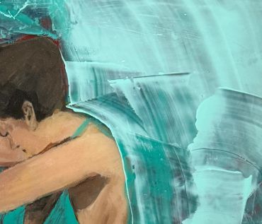 Pintura de una persona con fondo azul.