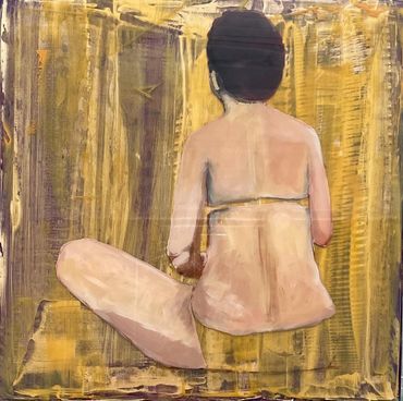 Pintura de una mujer sentada de espaldas.